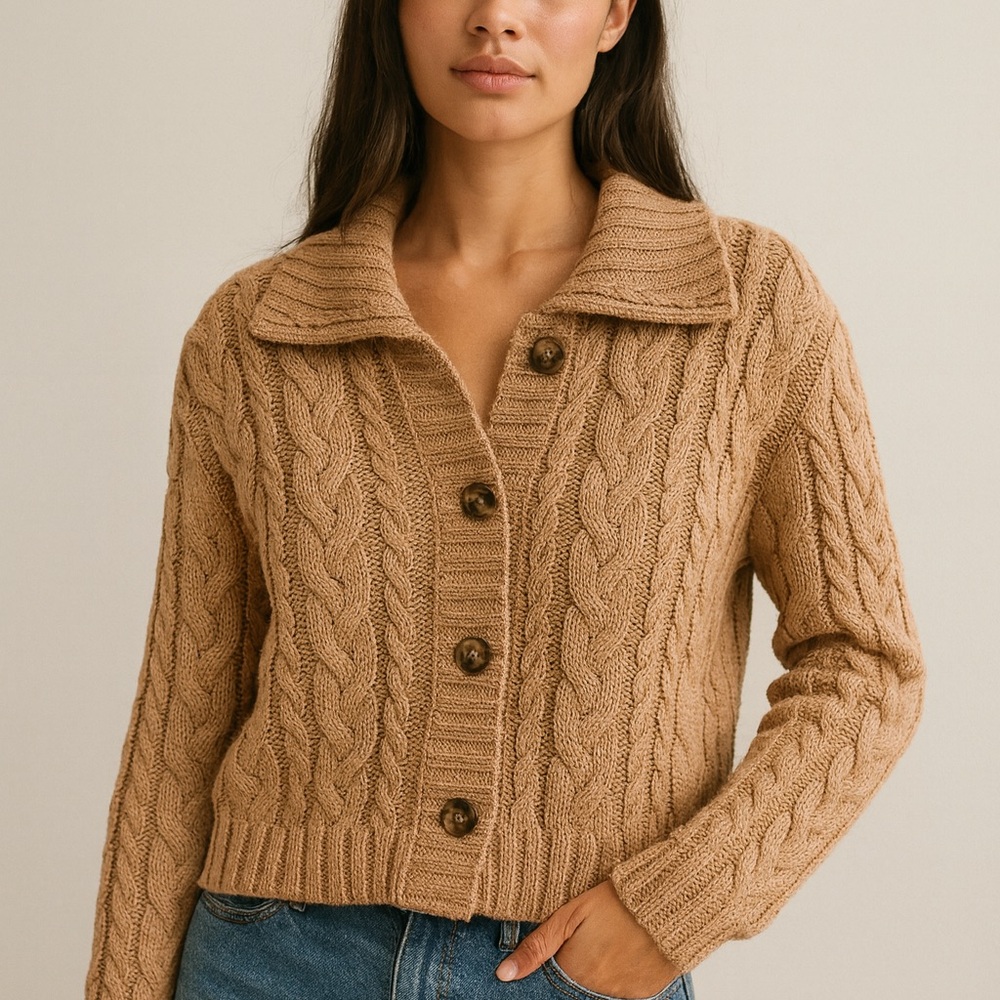 Pink Rose Cable Knit Button-Front Cardigan - Tan